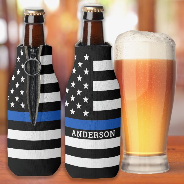 Personalized Police Officer Thin Blue Line Bottle Cooler (Creator Uploaded)
