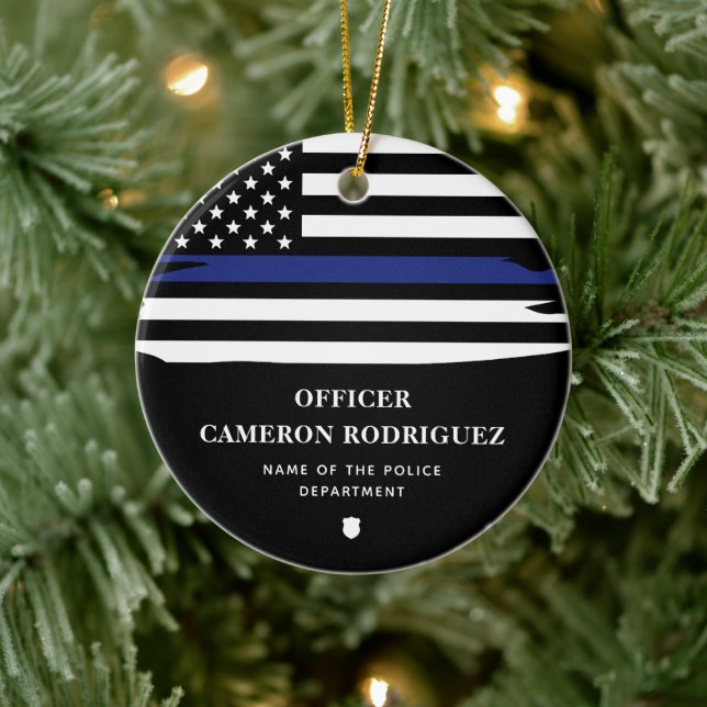 Personalized Police Officer Thin Blue Line Flag Ceramic Ornament (Tree)