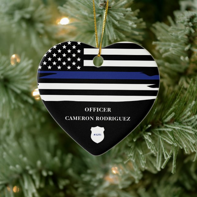 Personalized Police Officer Thin Blue Line Flag Ceramic Ornament (Tree)