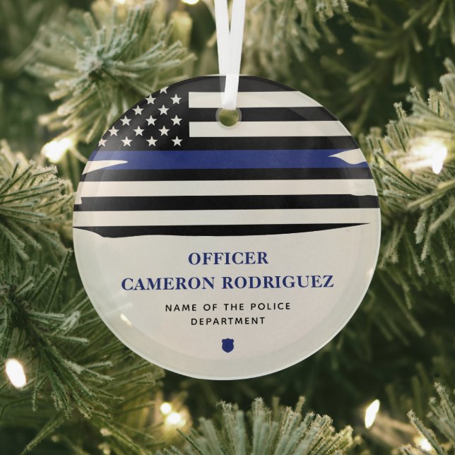 Personalized Police Officer Thin Blue Line Flag Glass Ornament (Insitu)