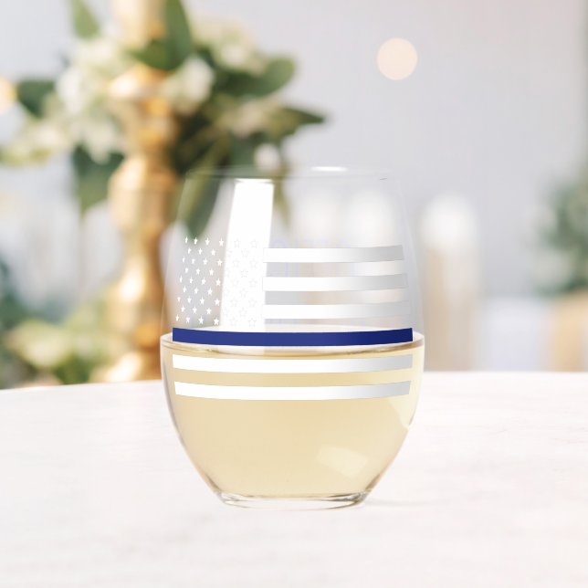 Personalized Police Officer Thin Blue Line Flag Stemless Wine Glass (Insitu (Wedding))