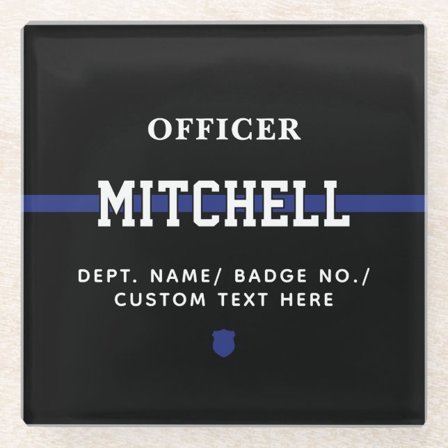 Personalized Police Officer Thin Blue Line Glass Coaster (Front)