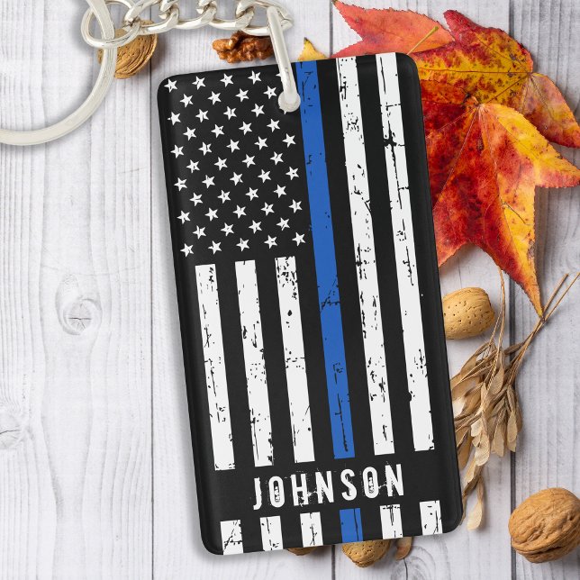 Personalized Police Officer Thin Blue Line Keychain (Creator Uploaded)