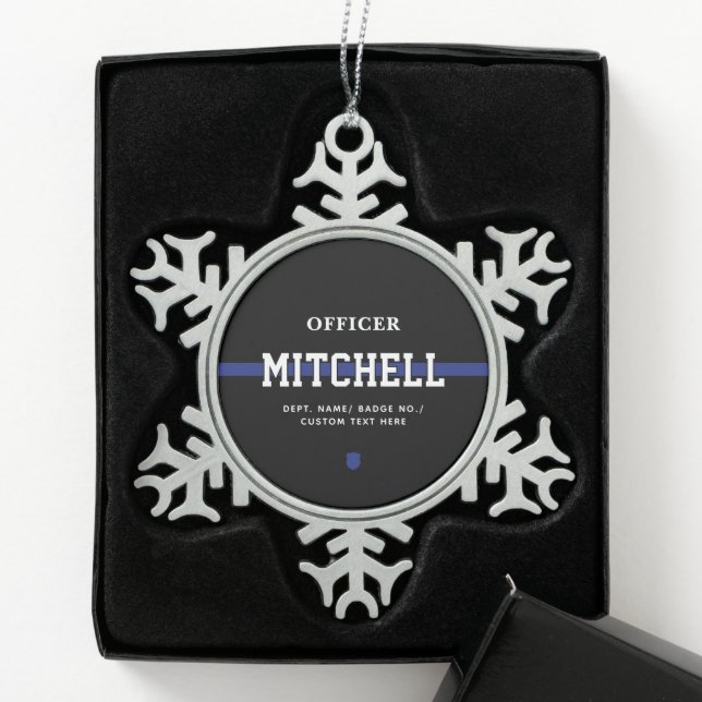 Personalized Police Officer Thin Blue Line Snowflake Pewter Christmas Ornament (Box)
