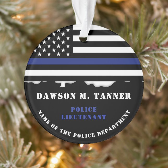Personalized Police Officer Thin Blue Line US Flag Ornament (Tree)