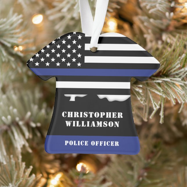 Personalized Police Officer Thin Blue Line US Flag Ornament (Tree)