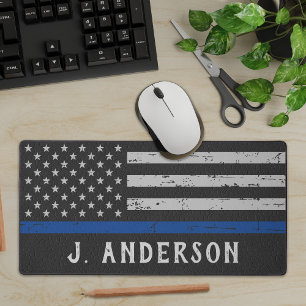 Personalized Police Officer Vintage Thin Blue Line Desk Mat