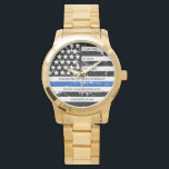 Personalized Police Retirement Thin Blue Line Flag Watch<br><div class="desc">Celebrate and show your appreciation to an outstanding Police Officer with this Thin Blue Line Police Retirement Watch - American flag design in Police Flag colours, distressed design . Perfect for service awards, police anniversary gifts, and police retirement gifts . Personalize this police retirement watch with name and badge #...</div>