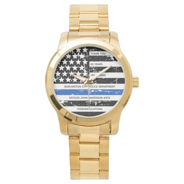 Personalized Police Retirement Thin Blue Line Flag Watch (Front)