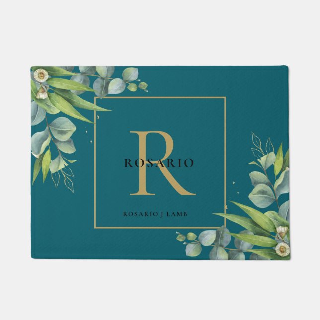 Personalized Polished Water Blue Gold Monogram Doormat (Front)