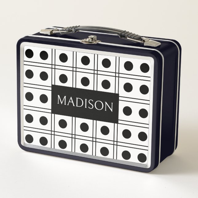  Personalized Polka Dot Black and White Chequered Metal Lunch Box (Front)