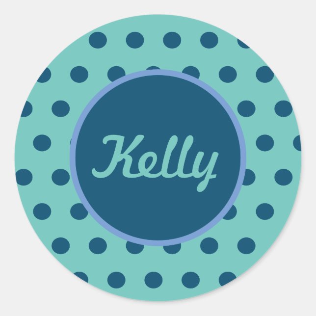 Personalized Polka Dot Round Stickers (Aqua & Blue (Front)
