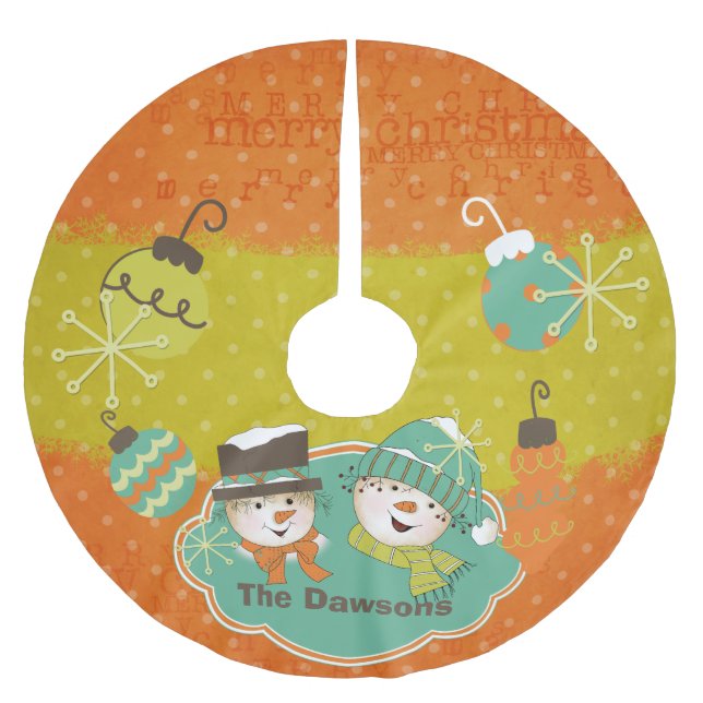 Personalized Polka Dot Snowmen Holiday Tree Skirt (Front)