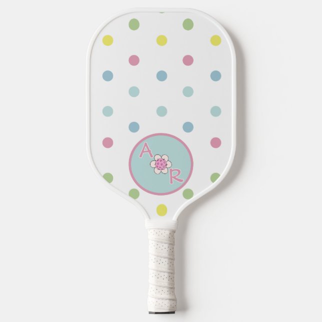 Personalized Polka Dot With Floral Monogram Pickleball Paddle (Front)