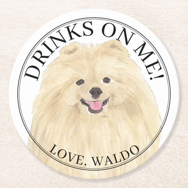 Personalized Pomeranian Dog Wedding Round Paper Coaster (Front)