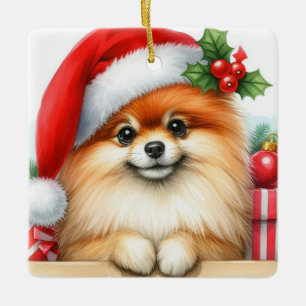 Personalized Pomeranian Wearing a Santa Hat  Ceramic Ornament