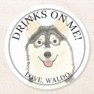 Personalized Pomsky Dog Wedding Round Paper Coaster
