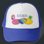 Personalized Pool Float Summer Fun Trucker Hat<br><div class="desc">This personalized hat is perfect for keeping the sun out of your eyes while relaxing by the pool. It features illustrations of three brightly coloured pool floats in the shape of a flamingo,  a popsicle and a pineapple along with your name or custom message.</div>