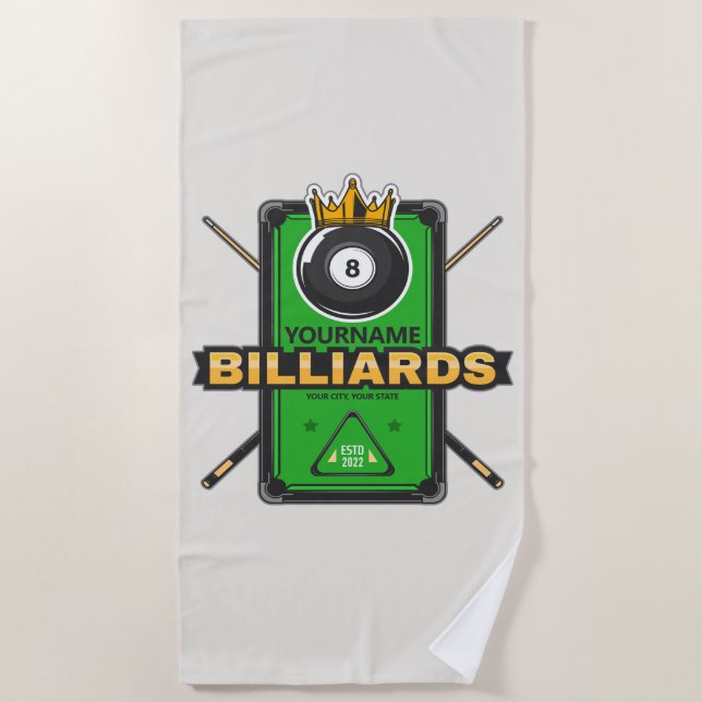 Personalized Pool Hall NAME 8 Ball Crown Billiards Beach Towel (Front)