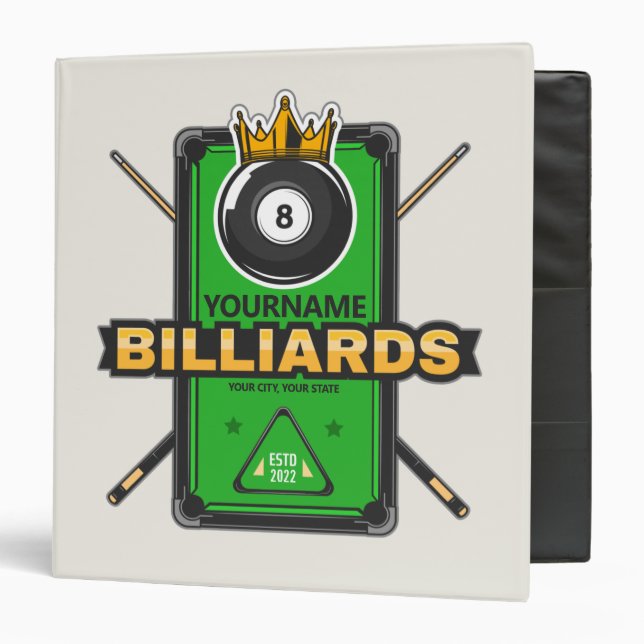 Personalized Pool Hall NAME 8 Ball Crown Billiards Binder (Front/Inside)