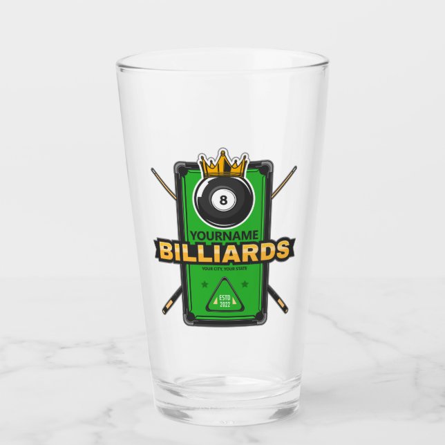 Personalized Pool Hall NAME 8 Ball Crown Billiards Glass (Front)