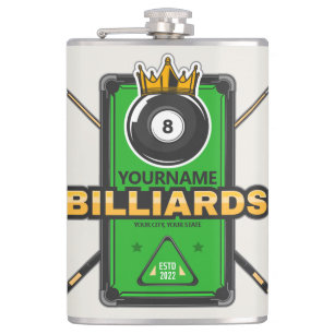 Personalized Pool Hall NAME 8 Ball Crown Billiards Hip Flask