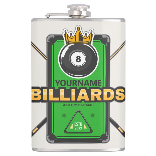 Personalized Pool Hall NAME 8 Ball Crown Billiards Hip Flask (Front)