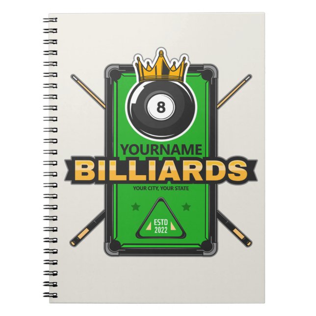 Personalized Pool Hall NAME 8 Ball Crown Billiards Notebook (Front)