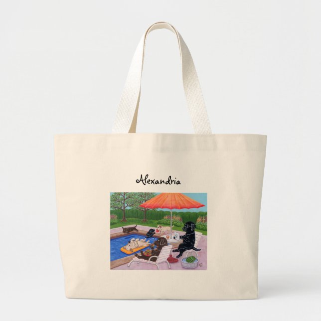 Personalized Pool Party Labradors 2 Large Tote Bag (Front)
