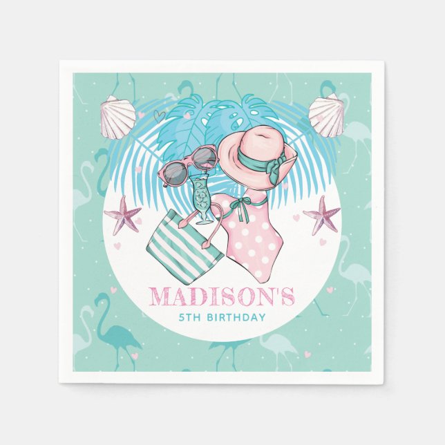 Personalized Pool Party Pink Turquoise Napkin (Front)