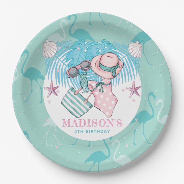 Personalized Pool Party Pink Turquoise Paper Plate (Front)