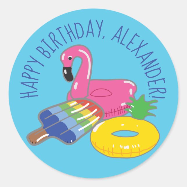 Personalized Pool Party Themed Pool Floats Classic Round Sticker (Front)
