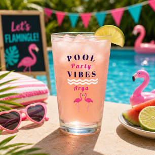 Personalized Pool Party Vibes Flamingo Drink Glass