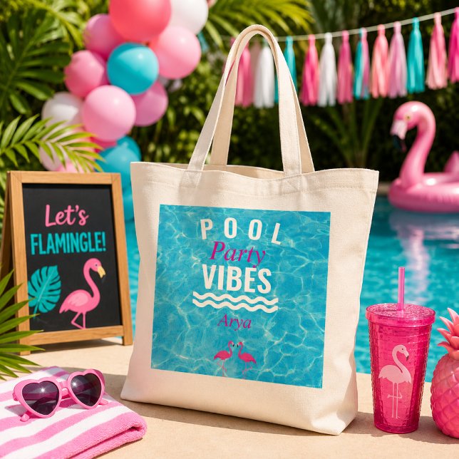 Personalized Pool Party Vibes Flamingo Tote Bag (Creator Uploaded)