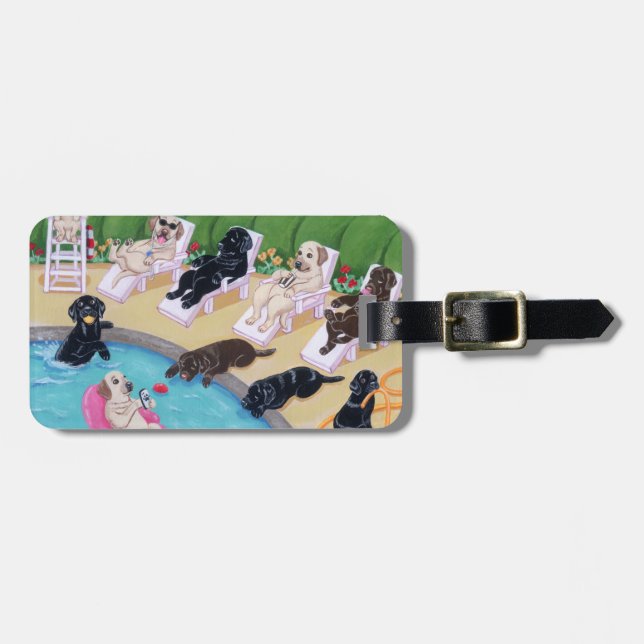 Personalized Poolside Party Labradors Luggage Tag (Front Horizontal)