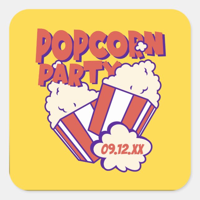Personalized Popcorn Party Square Sticker (Front)