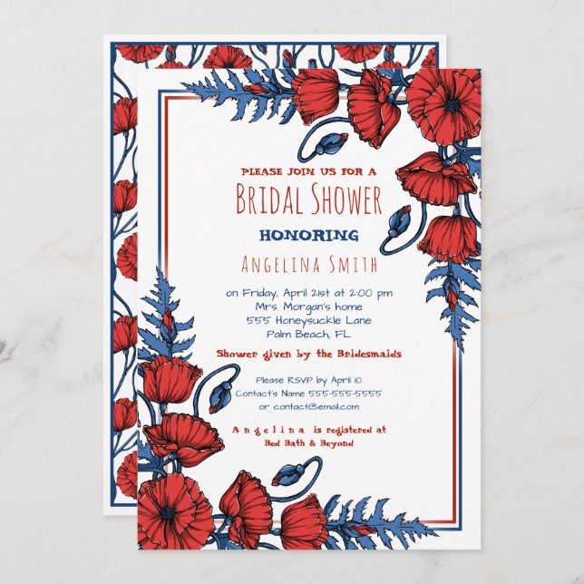Personalized Poppy Floral Bridal Shower Invitation (Front/Back)