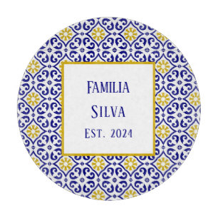 Personalized Portuguese Tiles Blue Mediterranean Cutting Board