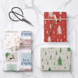 Personalized Postage Stamps and Pine Tree Doodle Wrapping Paper Sheet
