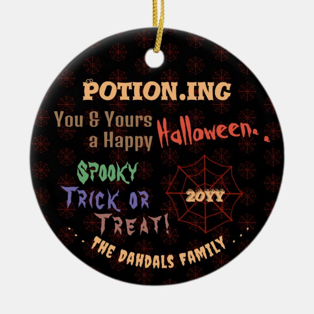 Personalized Potion Colourful Halloween Spiderweb Ceramic Ornament (Front)