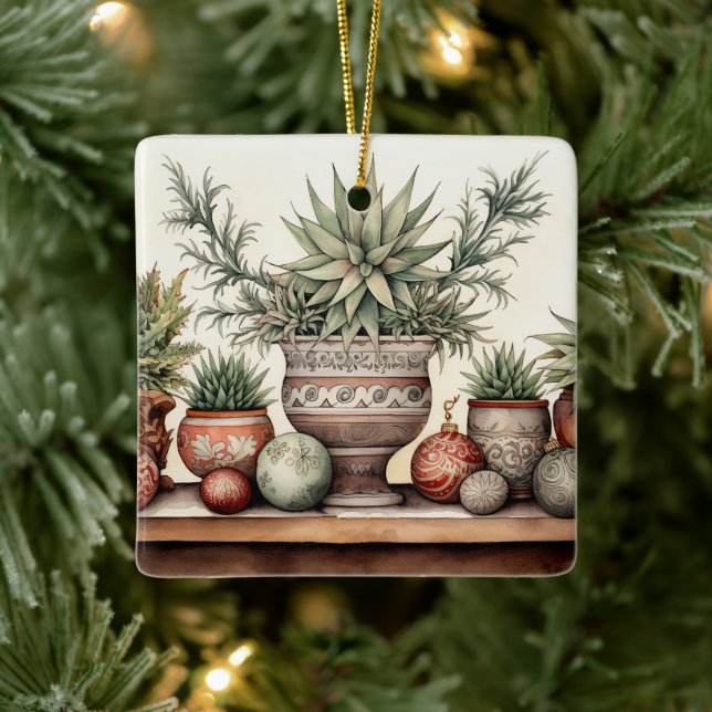Personalized Potted Succulents Christmas Ceramic Ornament (Tree)