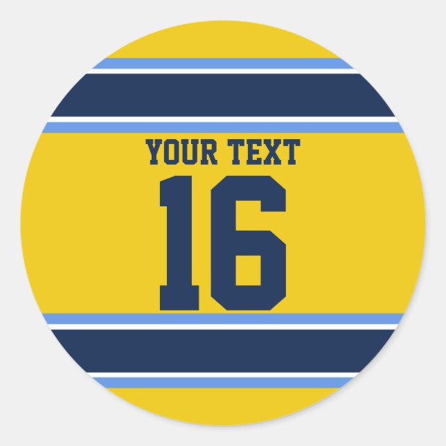 Personalized Powder Blue and Gold Sports Stripes Classic Round Sticker (Front)