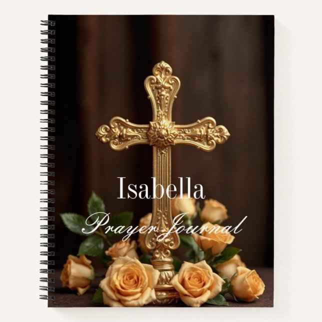 Personalized Prayer Journal Gold Cross & Roses (Front)