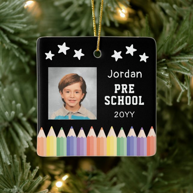 Personalized Pre School Colourful Photo Keepsake Ceramic Ornament (Tree)