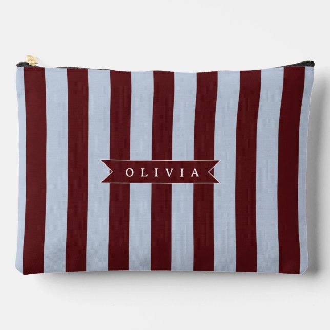 Personalized Preppy Brown Blue Cabana Stripe Accessory Pouch (Front)