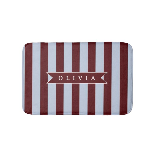 Personalized Preppy Brown Blue Cabana Stripe Bath Mat (Front)