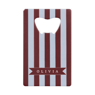 Personalized Preppy Brown Blue Cabana Stripe Credit Card Bottle Opener