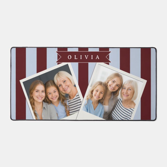 Personalized Preppy Brown Blue Cabana Stripe Desk Mat (Front)