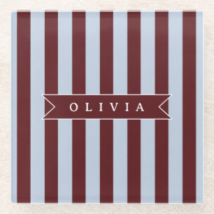 Personalized Preppy Brown Blue Cabana Stripe Glass Coaster