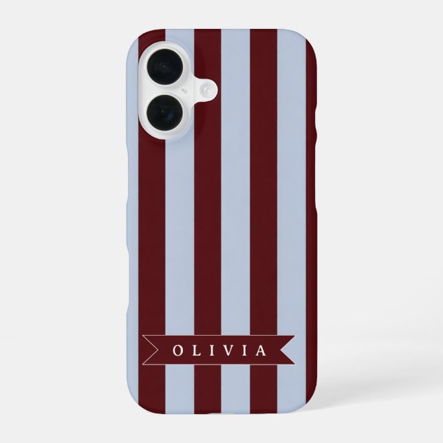 Personalized Preppy Brown Blue Cabana Stripe iPhone 16 Case (Back)